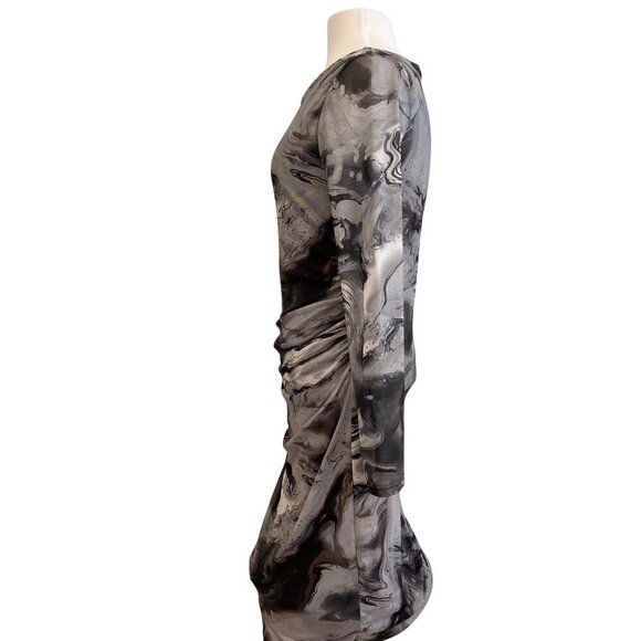 NWT Reitmans sheer Womens Long-Sleeve Ruched Bodycon Dress Black & Gray Marble M - Picture 3 of 13